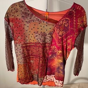 NWOT Anya Orange multi-col top w/3/4 mesh sleeves